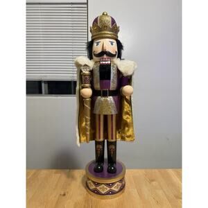 Nutcracker Christmas Decor King Purple figure 24” Wood Heavy Tall Fleur De Lis